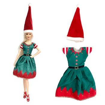 NK 1 комплект 30 см Модно червено Коледна рокля на принцеса, благородна празнична дрехи + Шапка за аксесоари на куклата Барби, Подарък играчка за момичета