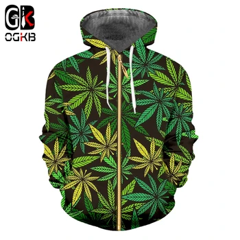 OGKB Green Leaves Мъжки блузи с цип с 3D-принтом Harajuku Weeds Ежедневни модни hoody Пуловер с дымчатыми листа, яке в забавен стил