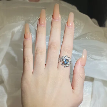 S925 Стерлинговое сребро, светло син сапфир, отворен пръстен за жени, годежни пръстени, Сапфирен пръстен със скъпоценния камък във формата на писалка, Кутия за пръстени за жени