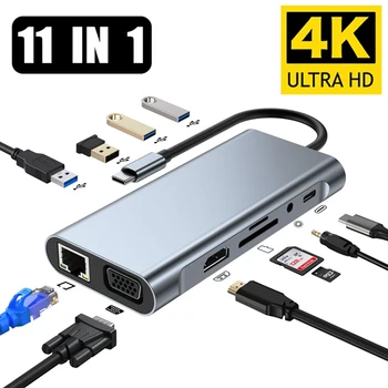 USB C Hub Type C-HDMI-Съвместими Докинг станция, RJ-45 с 11 Порта с PD TF SD, AUX, Usb-Хъб 3 0 Сплитер За MacBook Air Pro PC HUB