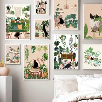 Абстрактен Тропическа Черна котка, цвете, растение, джунгла, монтиране на изкуството, платно, маслени картини, плакати и щампи, стенни картини за вашия интериор дневна