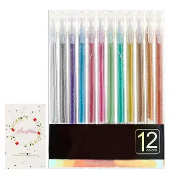 Блестящ гел химикалки 12шт Цветна дръжка с гелевой боя за Еднократна употреба Цветни дръжки за водене на дневник с тънък фитил Блестящ гел писалка за оцветители