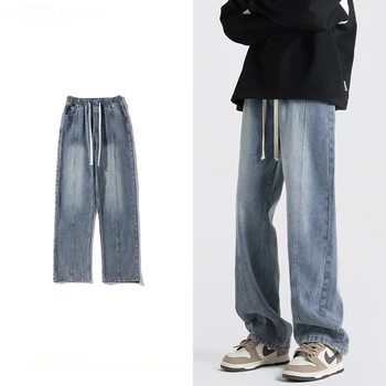 Дънки с еластична гумена лента за кръста, стиранные на улицата в американски стил за мъже и жени, модни маркови свободни преки универсални дънкови панталони