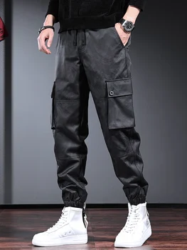 Есенни черни камуфляжные панталони-карго, мъжки модни тактически панталони с големи джобове, свободни панталони с еластичен ластик на талията и завязками