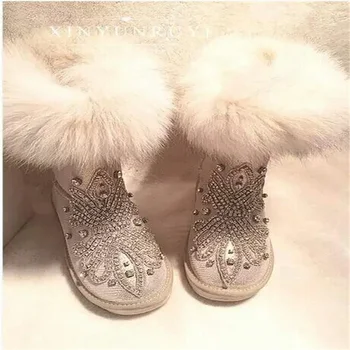 Зимни топли обувки от руното, класически цельнокроеные обувки са ръчно изработени с перли и диаманти на меху за мъже и жени, големи размери 35-44