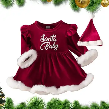 Коледна червена рокля за деца, рокли трапецовидна форма, с дълги ръкави и шапки за момиченца, сладък коледен костюм