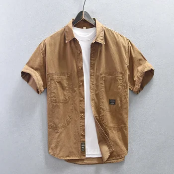 Лятна мъжки работни облекла, ежедневни риза с къс ръкав, градинска дрехи, Amekaji, чист памук, двойни джобове, однотонная класическа риза, мъжки яке
