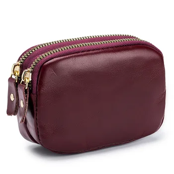 Мини-модерна чанта за карти, чанта за ключове, дамски портфейл, кожата на първия слой, масло, восък, Двоен цип, Нула чантата си, Просто чанта за съхранение на монети