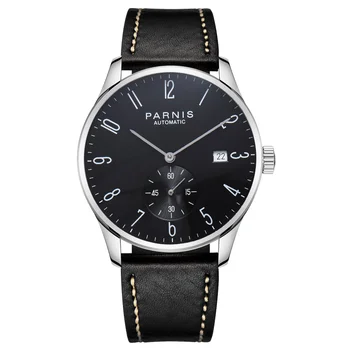 Модерен мъжки часовник Parnis с черен циферблат 41,5 мм, механичен Автоматичен часовник, кожена каишка, водоустойчив спортен часовник reloj hombre Clock