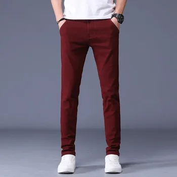 Мъжки Ежедневни Панталони Есенно-Пролетни Нови Памучни Директни Ластични Панталони Марка Red Blue Grey Цвят Каки 6 Цвята Голям Размер 38
