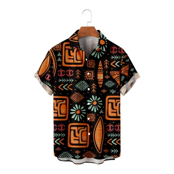 Мъжки ежедневни ризи с принтом в стил племе, черни ризи с къс ръкав в хавайски стил, стръмни летни блузи, реколта дишащи материали