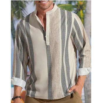 Мъжки модни ризи и блузи от памук и коноп с V-образно деколте в ивица и дълъг ръкав, с които принтом
