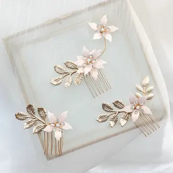 Нежни розови эмалевые цветя, сватбени гребени за коса с Ръчно изработени, женски сватбени шапки със златни листа, обеци с кристали, опал, бижута