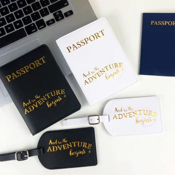 Проста черно-бяла корица за паспорти от изкуствена кожа, багажни етикети с писмото принтом, притежател на паспорт, портфейл, калъф за карти за мъже и жени
