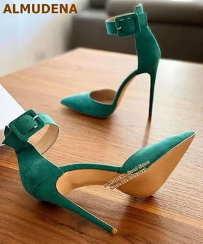 Размер на Алмудена зелени велурени обтегач на ремъка на обувките на тънък висок ток с остър нос жени помпи банкетна Size46 лято писта токчета