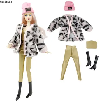 Розово леопардовый комплект модерен кукольной дрехи за Барби Костюми 1/6 Аксесоари за Барби кукли за Палта на Топ скъсяване на панталони, Шапка, Обувки Играчка