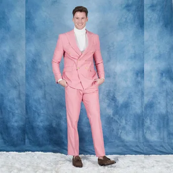 Розово сако на Мъжки костюми Пълен комплект Блейзър Двубортный с остроконечным ревера на Сако Панталон от 2 теми Булчински облекла за костюма на младоженеца