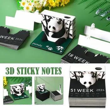 Седмичен Календар за 2024 година Гигантска Панда 3D Хартиена Скулптура Note Panda Sticky Sticky Notes Триизмерен Модел на 3D на 3D Note Pad V4O8