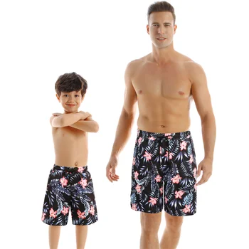Семейство, Летни шорти за къпане на отца и сина, бързо съхнещи къси Панталони с еластичен колан с флорални принтом във формата на листа, бански костюм