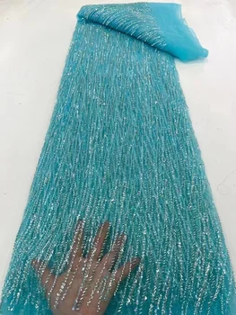 Сини луксозна лейси плат с пайети, расшитая мъниста 2023, лейси плат от Нигерийски френски тюл с бродерия пайети, сватба