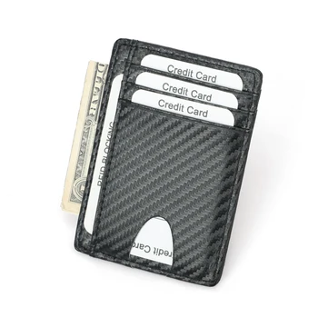 Тънък титуляр за кредитни карти, изработени от въглеродни влакна, мини портмоне за радиочестотна идентификация, Черен кожен държач за визитки за мъже, лесна чанта-портфейл