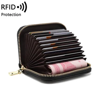Чанта за органных карти от телешка кожа на първия слой, женски държач за карти, RFID, мъжка чанта за визитки, многофункционален малък портфейл с цип
