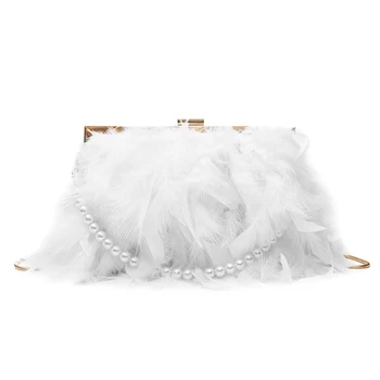 Чанта от бели пера, изискан женски вечер клатч, перлена верижка, сватбената чанта на рамото за младоженци, чанта за банкет, чанта-тоут