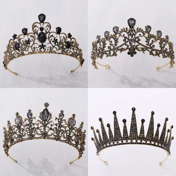 Черна корона в стил барок, Диадеми, кралицата, Ретро Шампанско, сватбени Аксесоари за коса, ленти за булката, булчински накити за косата