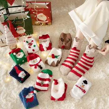 Чорапи за сън с шарките на Зимния Лосове, Снежен човек, Червено-зелени Коледни Чорапи, Коралови Кадифени Чорапи, Дамски Чорапи носочные изделия, Чорапи със средна дължина