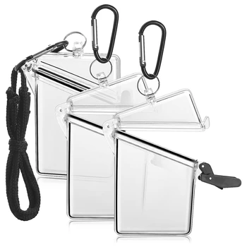 3 Опаковки пластмасови карти с каишка, прозрачен водоустойчив държач за карти, въжета за самоличност и ключове