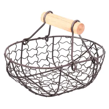 Дървена дръжка, метална кошница в ретро стил, Преносима Многофункционална кошница за зеленчуци, плодове, яйца, продукти, практичен органайзер за съхранение, черен