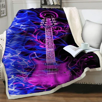 Завивки с 3D-принтом Purple Flame Guitar за легла, мека мека мебел, топли офис одеала за комфортен сън, Флисовое плюшевое покривки