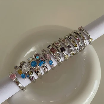 Эстетичные бижута пръстени за жени с разноцветни кристали и цирконием, минималистичные отворени регулируеми пръстени за пръстите, модни дамски бижута